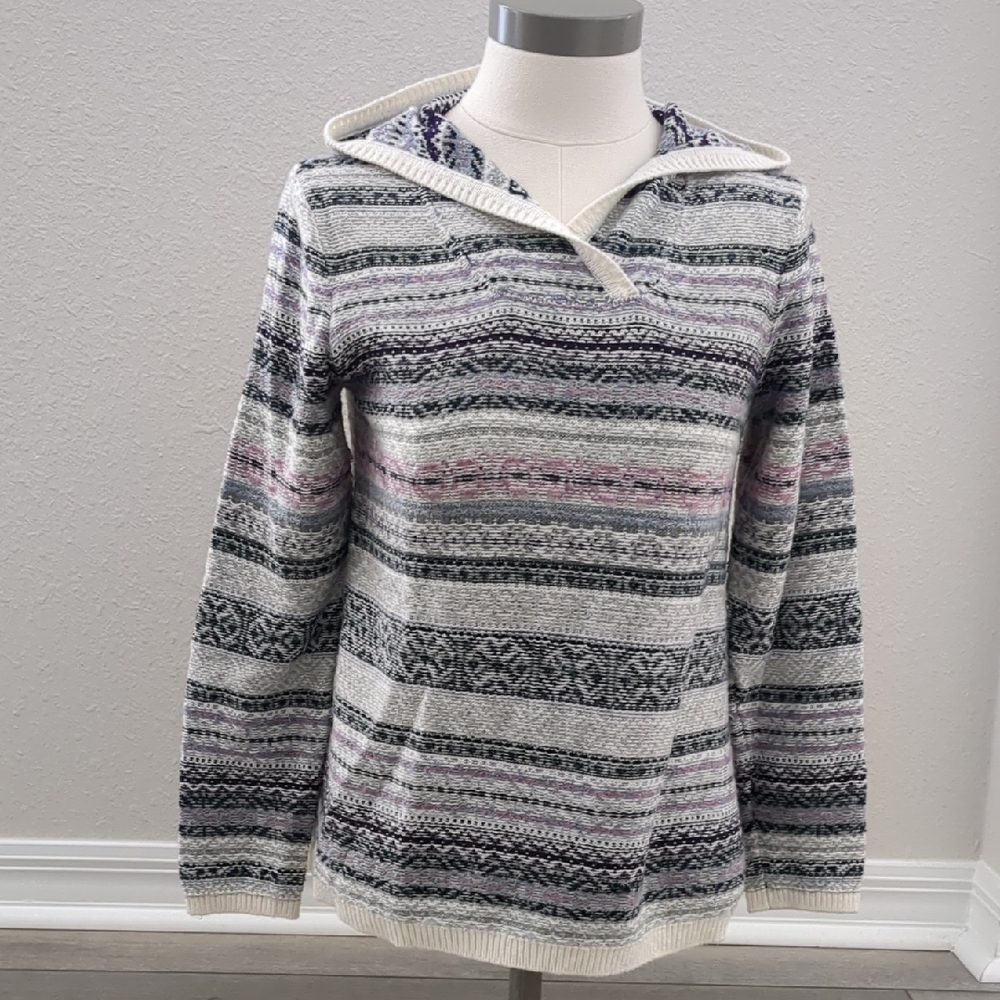 SOFT And COZY J. Jill Gray and Purple Patterned V-Neck Sweater with Hood
